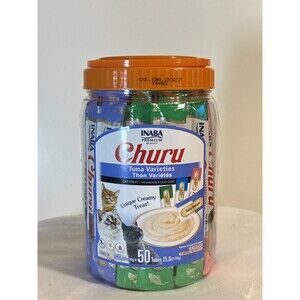 INABA Churu Cat Treats Tuna Varieties - 50 Tubes Sealed Jar - Expiration: 1/2027